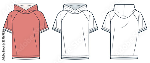 Raglan Sleeve Tee Shirt fashion flat technical drawing template. Hooded T-Shirt technical fashion Illustration, relaxed fit, front and back view, white, peach color, women, men, unisex CAD mockup set.