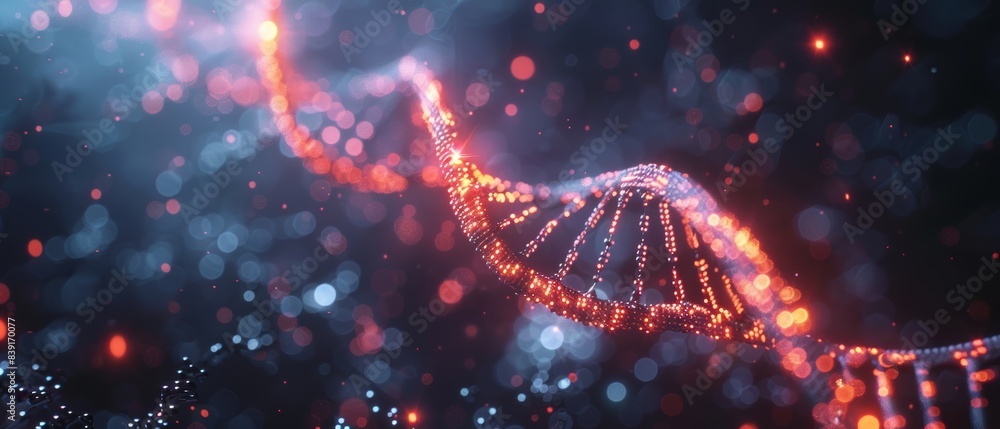 Futuristic glowing DNA strand floating in a dark, high-tech lab environment Futuristic glowing DNA strand floating in a dark, high-tech lab environment