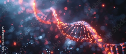 Futuristic glowing DNA strand floating in a dark, high-tech lab environment
