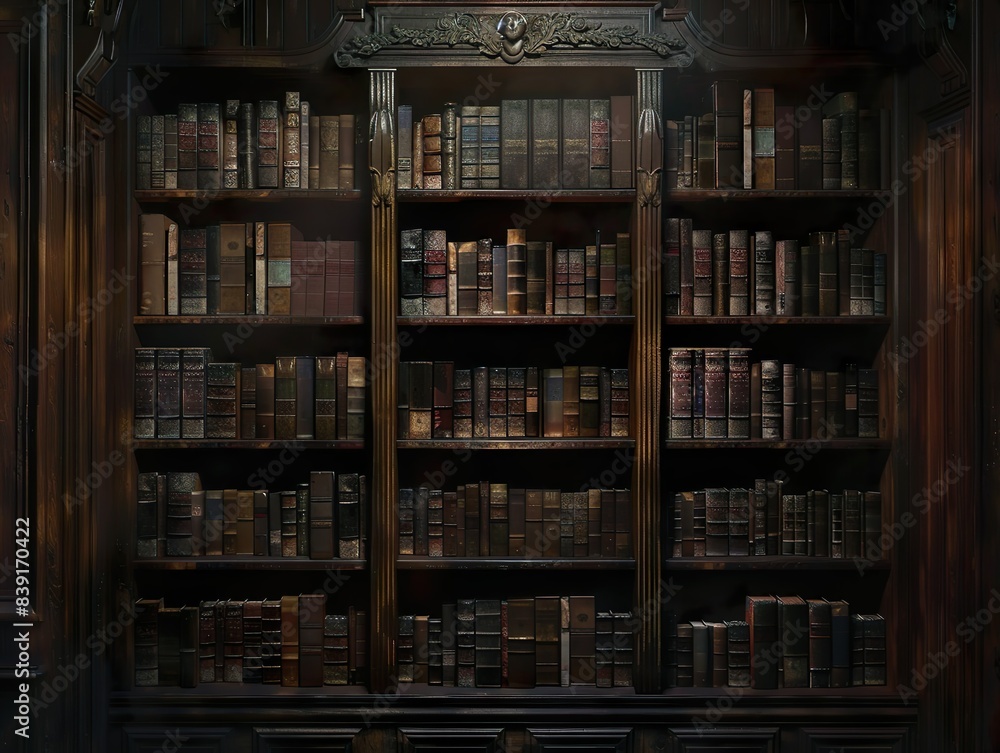 Bookshelves with old books on dimly lit walls with a mysterious, old library vibe Bookshelves with old books on dimly lit walls with a mysterious, old library vibe