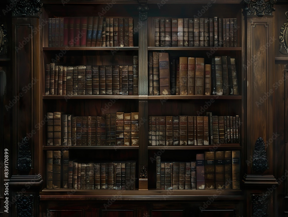 Bookshelves with old books on dimly lit walls with a mysterious, old library vibe Bookshelves with old books on dimly lit walls with a mysterious, old library vibe