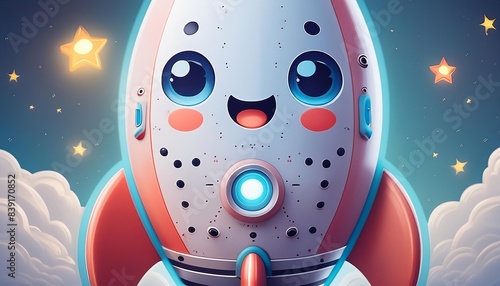 A charming cartoon rocket with a cheerful expression, floating in space. The rocket features big, sparkling eyes and a smiling face, creating a playful and whimsical atmosphere. 