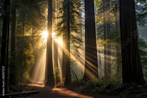 Awe-inspiring. Redwood forest sunrays. Bark natural. Generate Ai
