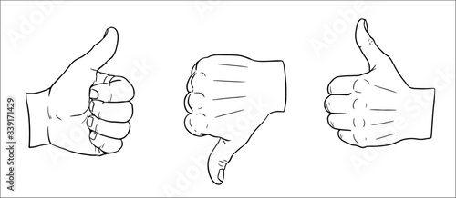 Vector drawing of Hand gesture and sign language. Thumb up and thumb down.