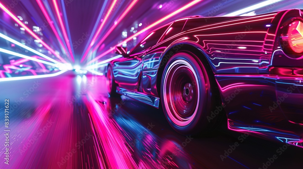Car ride on the neon road in 80s retro synthwave style Car ride on the neon road in 80s retro synthwave style