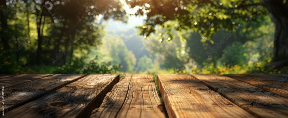 Outdoor background Wooden table in 3d png transparent using for product presentation Outdoor background Wooden table in 3d png transparent using for product presentation