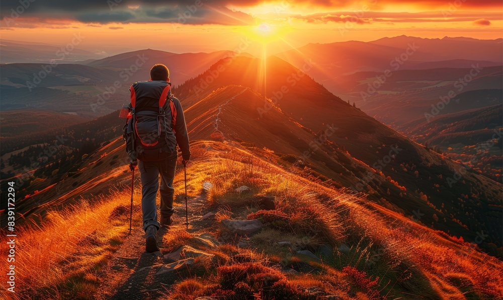 Fototapeta premium hiker with backpack walking on a mountain trail at sunset, with warm sunlight casting a golden glow on the landscape