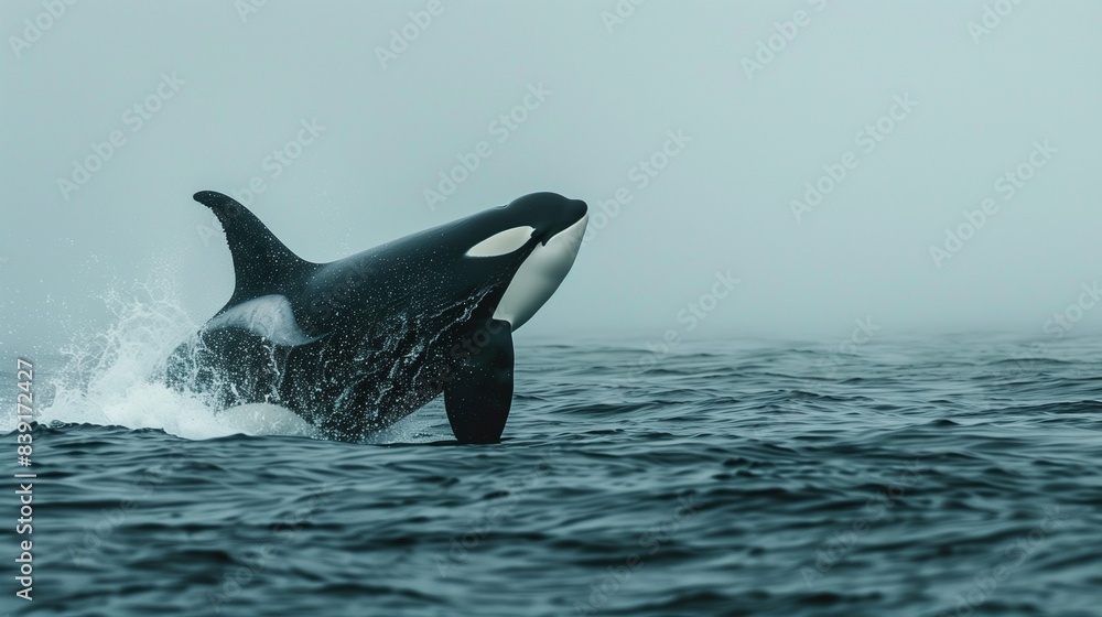 Fototapeta premium A sleek orca breaching dramatically out of the water, its black and white form contrasting with the deep blue sea.
