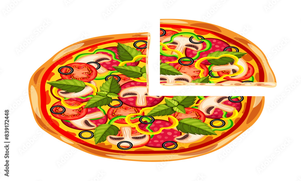 Vector illustration of tasty pizza. Cartoon scene of pizza with toppings: sausage, tomatoes, green and yellow peppers, mushrooms, cheese, ketchup, olives, basil leaves isolated on a white background. Vector illustration of tasty pizza. Cartoon scene of pizza with toppings: sausage, tomatoes, green and yellow peppers, mushrooms, cheese, ketchup, olives, basil leaves isolated on a white background.
