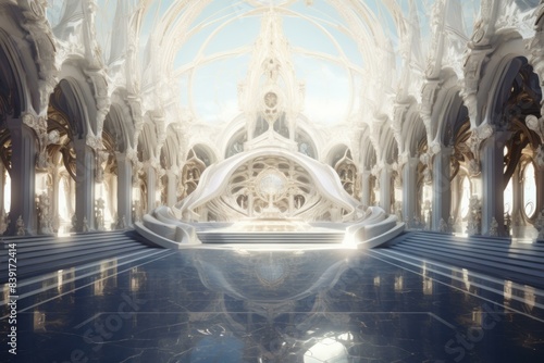 Ethereal white fantasy palace with intricate architecture and reflective floors, evoking a dream-like quality