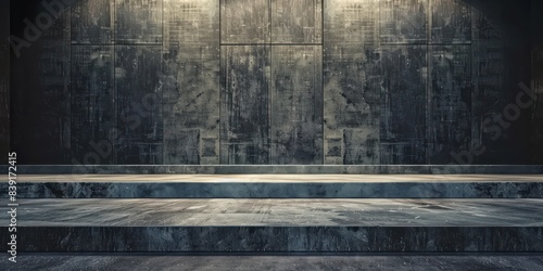 Empty stage with a plain concrete floor background, perfect for showcasing performers or presentations in a modern and industrial setting