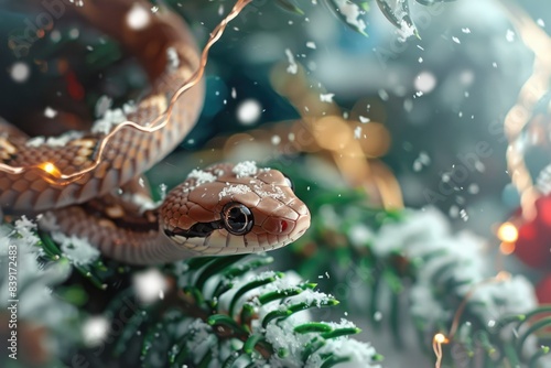 A vivid corn snake lies nestled among snowflakes and pine needle