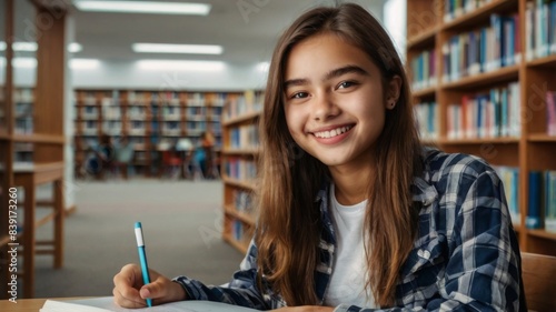 Smiling hispanic teen girl school student wear headphones looking at webcam distance learning. Zoom video call remote class, online lessons and courses concept. Headshot portrait. Webcamera view.