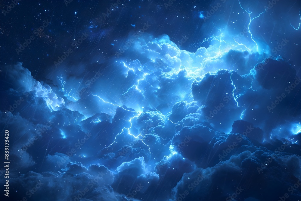 Fototapeta premium Awe-inspiring Blue Jet Lightning Shooting Upwards Through Dramatic Nighttime Storm Clouds