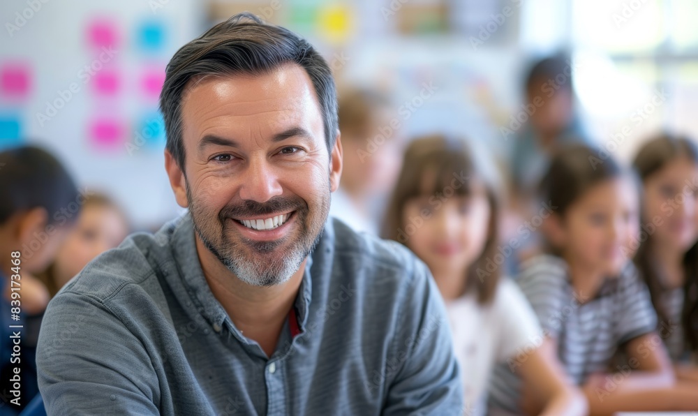Smiling Male Teacher in Classroom with Students Smiling Male Teacher in Classroom with Students
