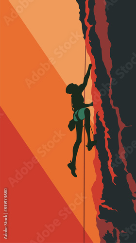 Silhouetted figure scaling rocky cliff during sunset, adventure outdoor sport climbing. Male climber rappelling gear silhouette against colorful sky, extreme activities concept graphic. Rock