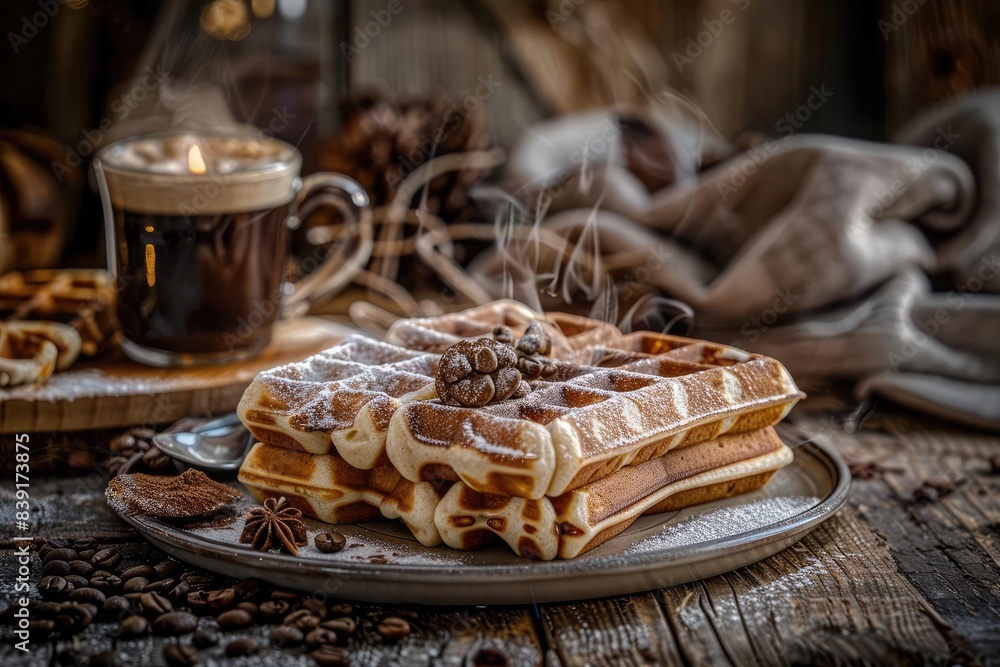 Stack of delicious Belgian waffles with powdered sugar and coffee on rustic wooden table, cozy breakfast scene. Stack of delicious Belgian waffles with powdered sugar and coffee on rustic wooden table, cozy breakfast scene.