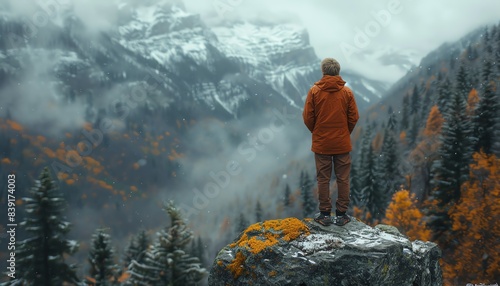 Man standing on a cliff overlooking a foggy mountain valley.