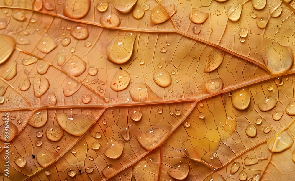 Fototapeta premium The structure of an orange leaf, the background of the leaf with veins and cells. Droplets on a leaf. Macro.