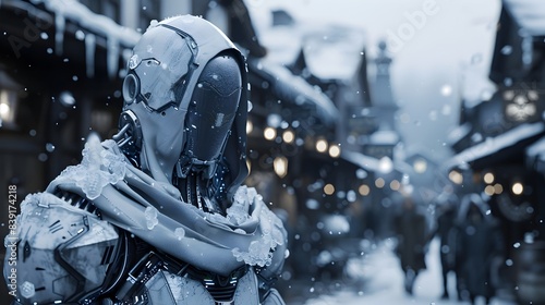 Cybernetic Warrior Stands Amidst Icy Village Scene under Raging Storm © lertsakwiman