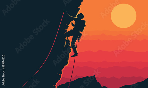 Silhouetted climber ascending steep cliff during sunset. Vivid sunset hues behind mountain climber silhouette. Climbing activity, sunset colors, outdoor adventure graphic