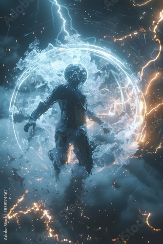 Cyborg Warrior Unleashes Fury Within Energy Sphere Amid Violent Storm