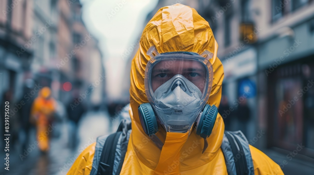 Man wearing bio hazard suits in on city streets due to pollution and contamination Man wearing bio hazard suits in on city streets due to pollution and contamination