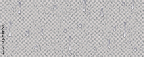 Rain transparent drops flow down the glass.Realistic wet condensation texture.Fresh water splash effect on the surface.Liquid spreading droplet shapes.