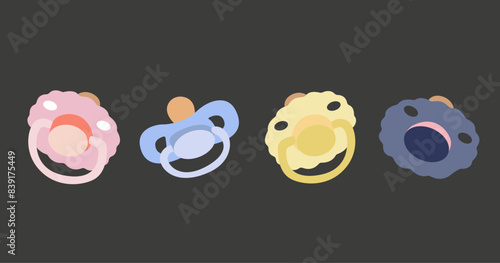 Set of baby pacifier in different colors. Baby pacifiers for boy and girl cartoon style. Simple cute orthodontic pacifier. Vector Children's things