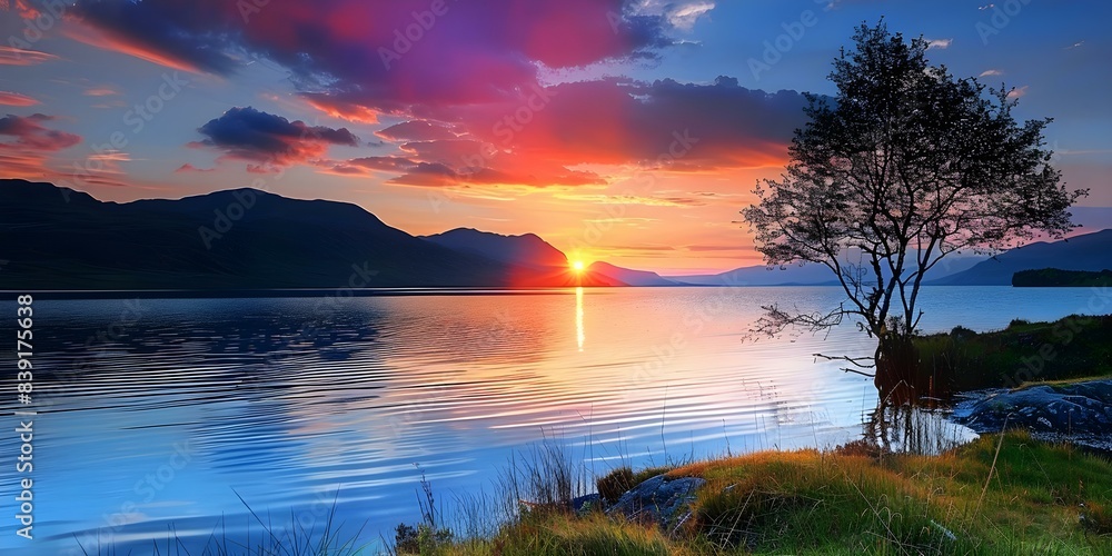 Scenic Scottish Highlands campervan view with Loch at sunset picturesque and serene. Concept Scenic Landscapes, Campervan Adventures, Sunset Views, Scottish Highlands, Serene Atmosphere Scenic Scottish Highlands campervan view with Loch at sunset picturesque and serene. Concept Scenic Landscapes, Campervan Adventures, Sunset Views, Scottish Highlands, Serene Atmosphere