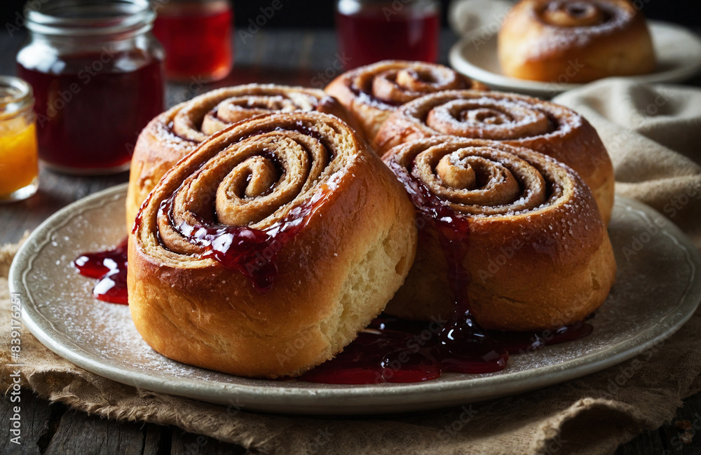 Cinnamon Rolls on a Plate serving with jam and sugar Cinnamon Rolls on a Plate serving with jam and sugar