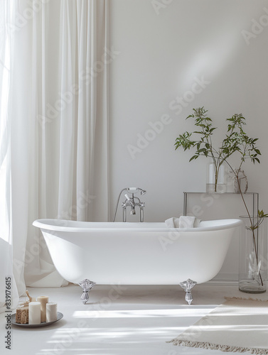 Design an elegant bathtub with sleek  rounded edges and slender metal legs that stand out against the white wall of your bathroom for visual contrast. The tub should have a smooth surface