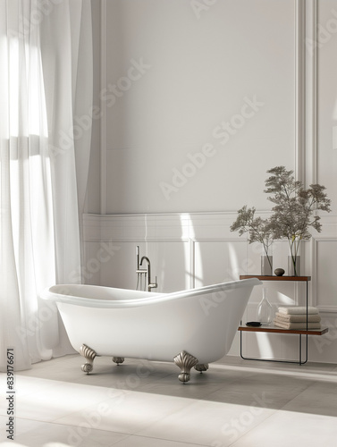 Design an elegant bathtub with sleek  rounded edges and slender metal legs that stand out against the white wall of your bathroom for visual contrast. The tub should have a smooth surface