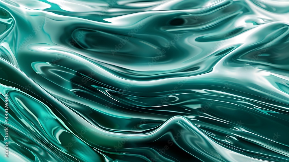 Glossy chrome Emerald green metallic wavy background, reflective ...