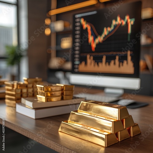 Investing in gold concept. Gold bars on a desk with charts showing gold trading trends on displays in the background