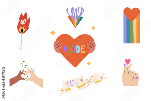 Vector set of LGBTQ community symbols. Pride month stickers. LGBT flat style icons and slogan collection. Social community. Supporting love freedom