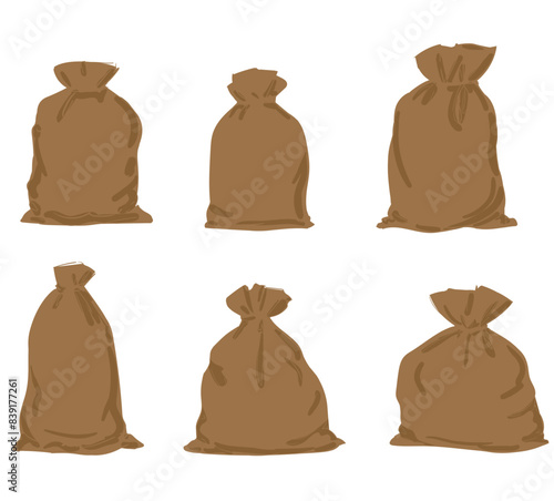 Hand Drawn Set Canvas sack isolated white background vector Illustration