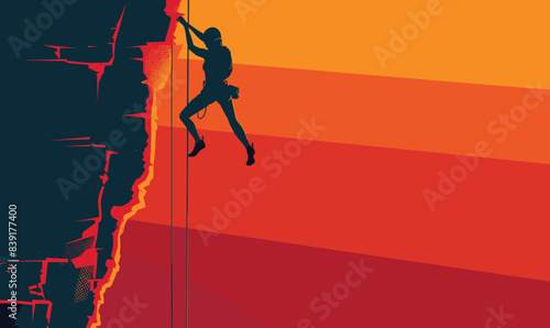 Climber ascending vertical cliff gradient sunset background. Rock climbing athlete silhouette adventure outdoor sports. Dynamic climbing motion captured, vibrant dusk hues simulating steep ascent