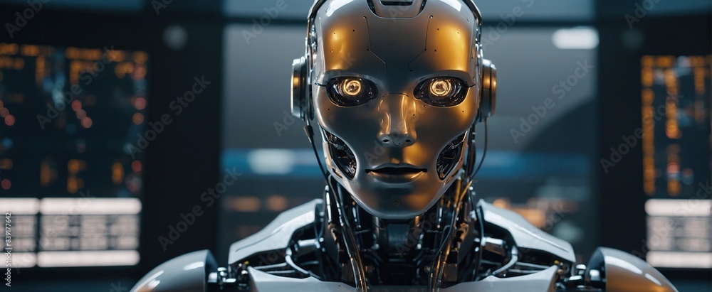 Futuristic Humanoid AI Robot Engages in Advanced Machine Learning and Data Analysis, Utilizing Cloud Computing and Neural Networks in a High-Tech Virtual Environment