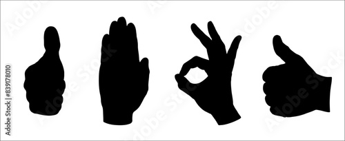 Vector silhouette drawing of Hand gesture and sign language. Thumb up, Stop sign and OK gesture.	