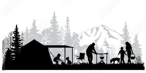 Family silhouettes on white background. Father, mother and children in a forest camp. Vector illustration	
