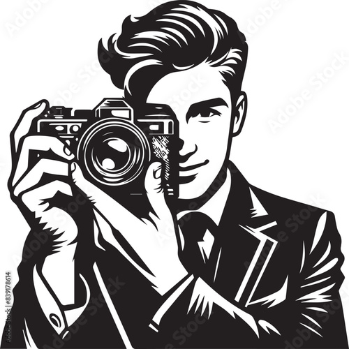 Photographer Vector Illustration Silhouette. Nature photographer flat vector icon, mobile apps and ui. man taking photographs, photographer sketch on white background vector
