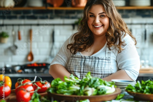 A plus size woman in an apron smiles while preparing a healthy meal in her kitchen