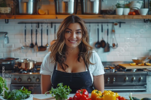A young woman, wearing an apron, smiles while standing in her kitchen, preparing a healthy meal