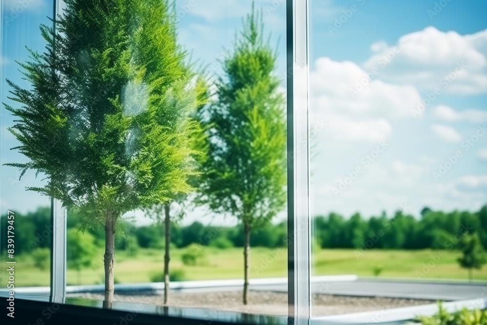 Glass office building with wooden elements for green environment and reduced carbon emissions Glass office building with wooden elements for green environment and reduced carbon emissions