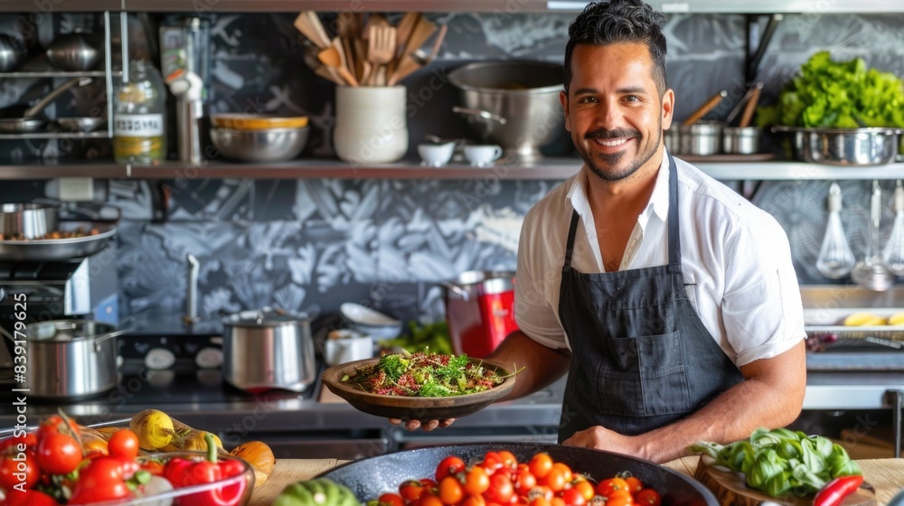 A chef smiles proudly as he holds a bowl of fresh, vegetarian food in a well-equipped kitchen A chef smiles proudly as he holds a bowl of fresh, vegetarian food in a well-equipped kitchen