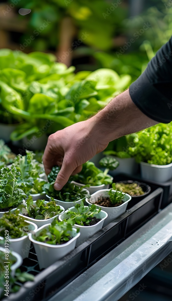 Close up of man's hands picking small plants from plastic pots Close up of man's hands picking small plants from plastic pots