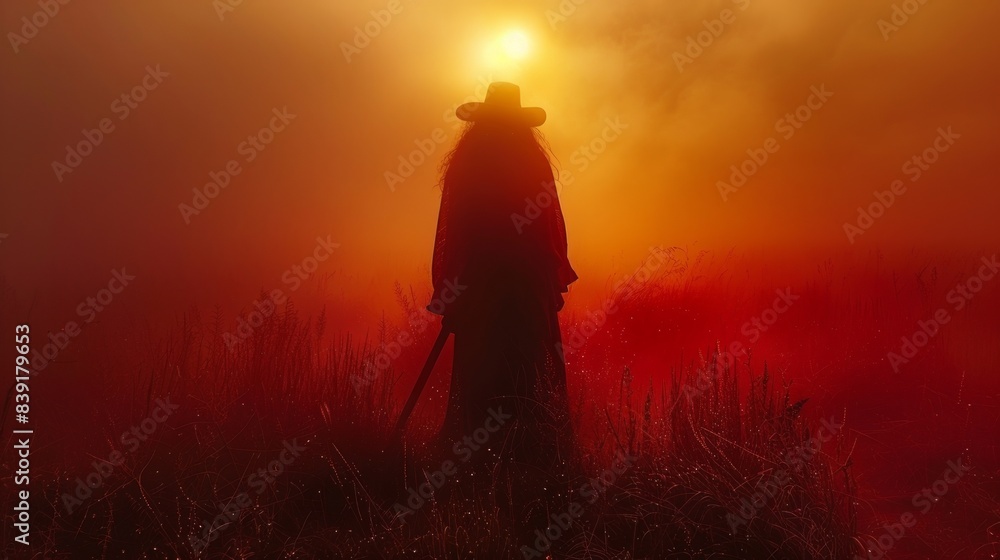 The silhouette of a person in a black robe and hat against a red and yellow background. The silhouette of a person in a black robe and hat against a red and yellow background.