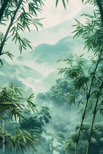 Lush Bamboo Forest in Tranquil Mountain Setting with Minimalist Japanese Aesthetic