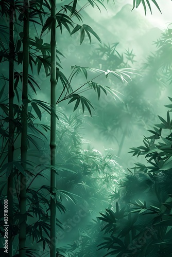 Lush Bamboo Forest with Geometric Shapes and Tranquil Mountain Setting